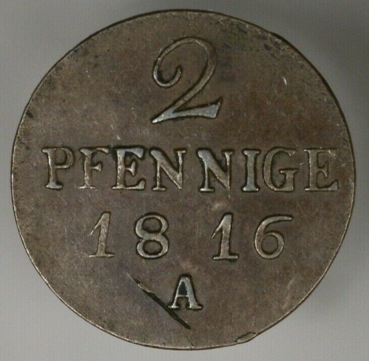 Prussia 1816 A 2 Pfennig Fl Fl Rev Au   A2726