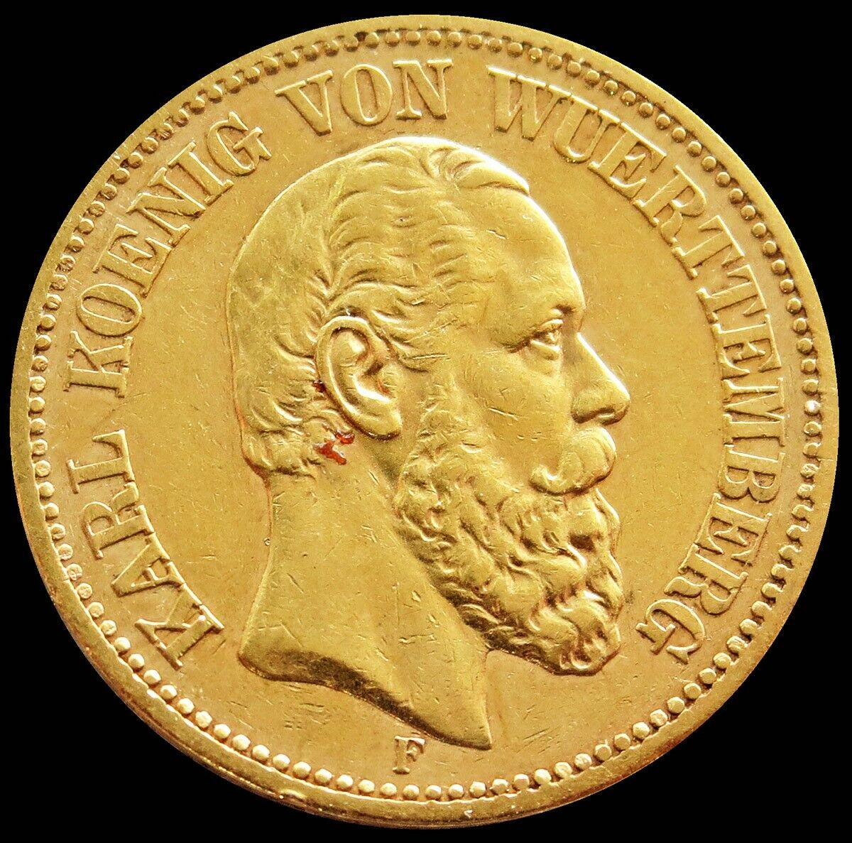 1873 F Gold German State Wurttemberg 20 Mark Karl I Coin